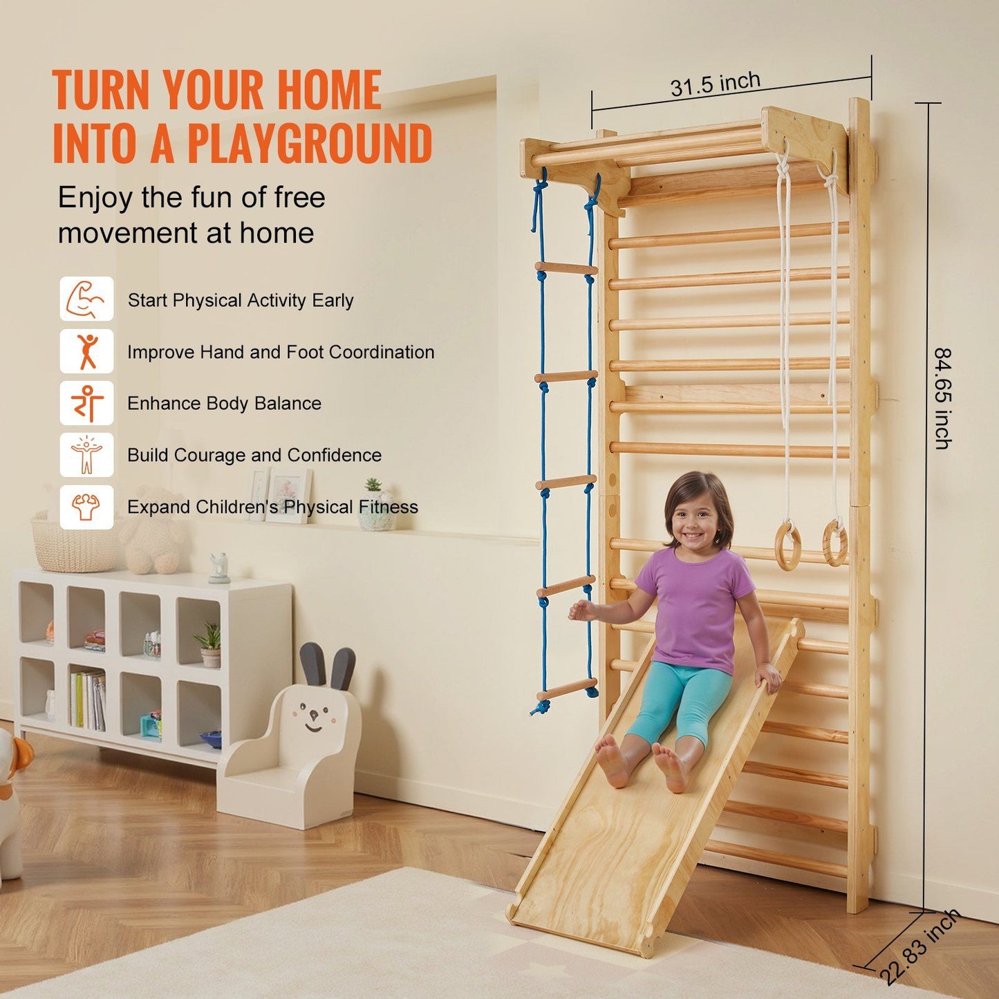 Little Play World ExplorerClimb™ indoor wooden wall gym for kids with Swedish ladder and climbing activity set for active play.