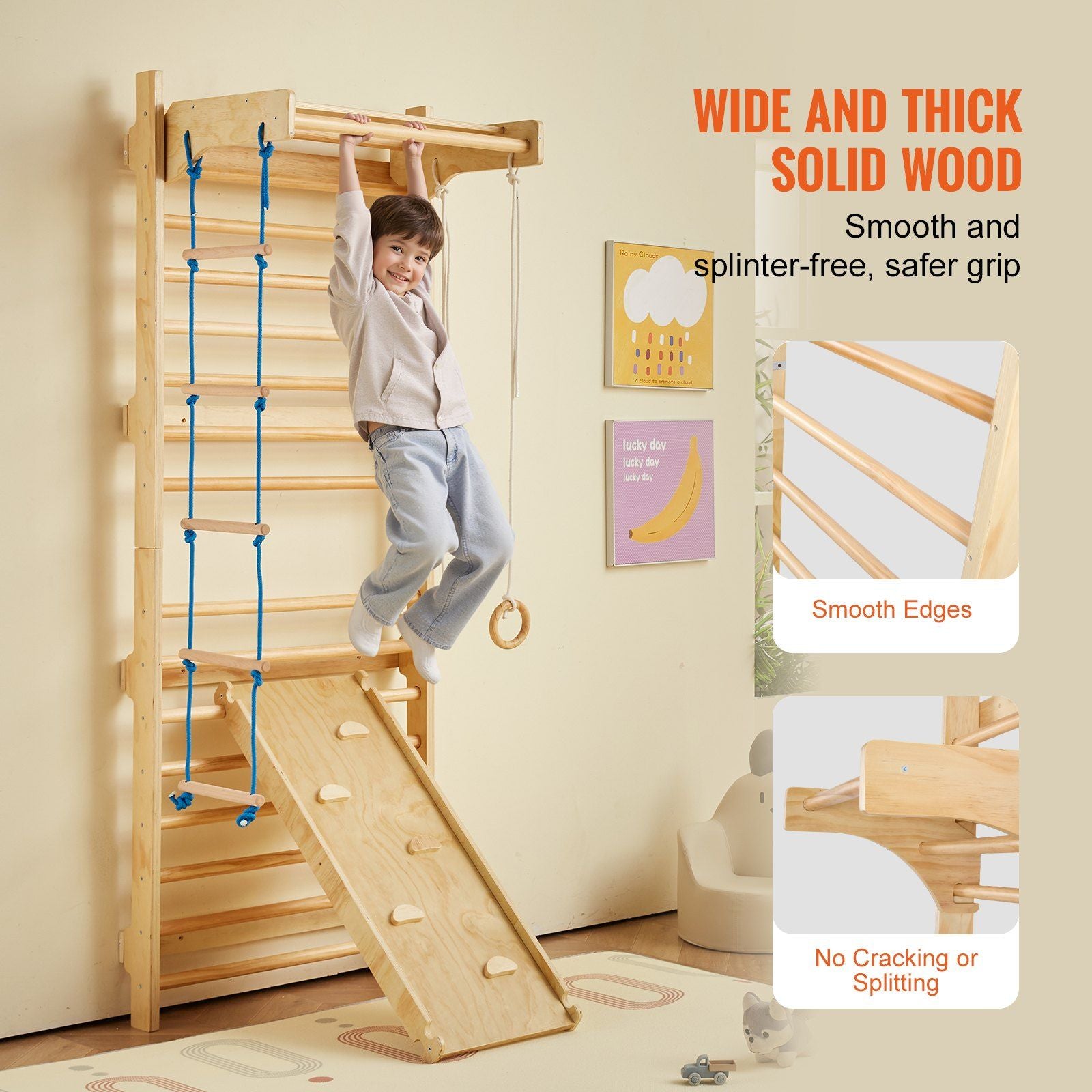 Little Play World ExplorerClimb™ indoor wooden wall gym for kids with Swedish ladder and climbing activity set.