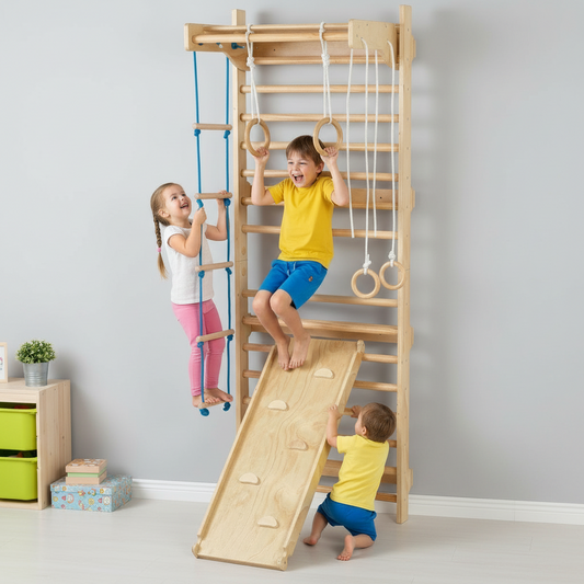 Children playing on a wooden climbing frame with a slide in a room.