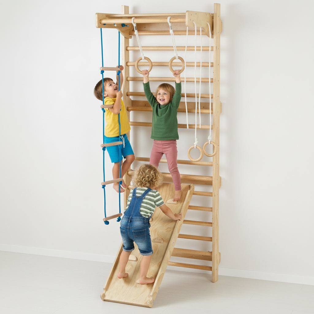 Little Play World ExplorerClimb™ indoor wooden kids play gym with Swedish ladder and climbing activity set for children.
