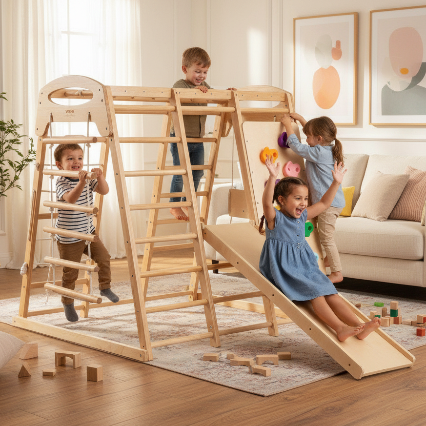 Children playing on a wooden climbing toy in a living room.