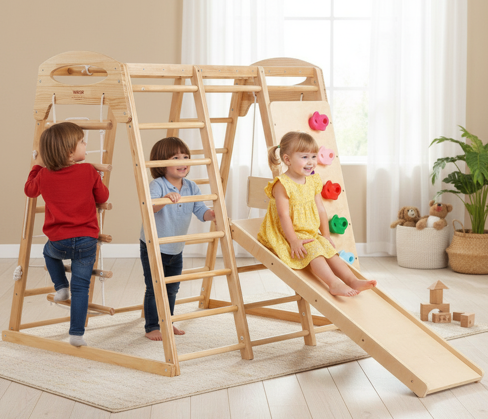 Children playing on a wooden climbing toy with a slide in a room.