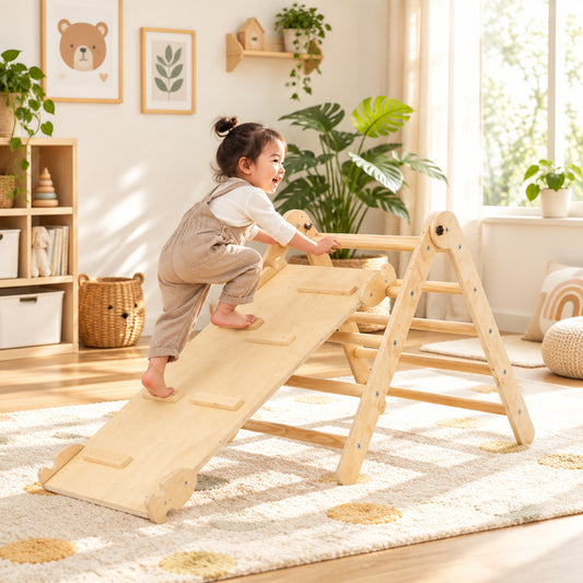 Wooden LuxeClimb™ Montessori climbing triangle set for kids, natural indoor play gym by Little Play World.