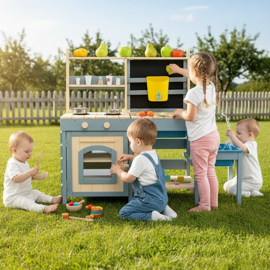 Children playing with a toy kitchen set outdoors on a sunny day.