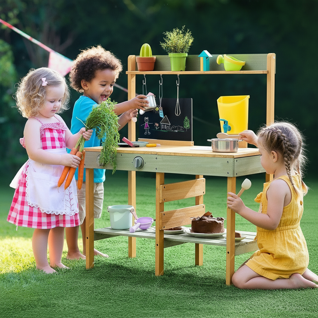 Children playing with a wooden play kitchen set outdoors.