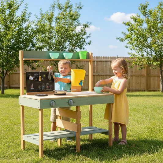 Two children playing with a toy kitchen set outdoors on a sunny day.