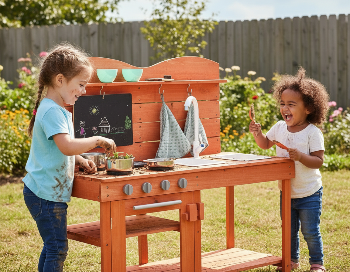 Children playing with a wooden play kitchen set outdoors.