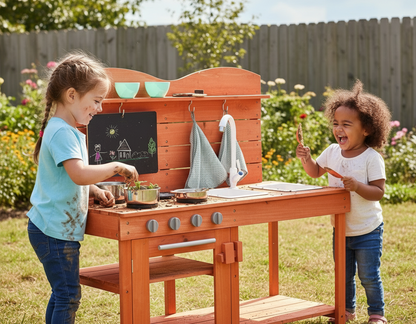 Children playing with a wooden play kitchen set outdoors.
