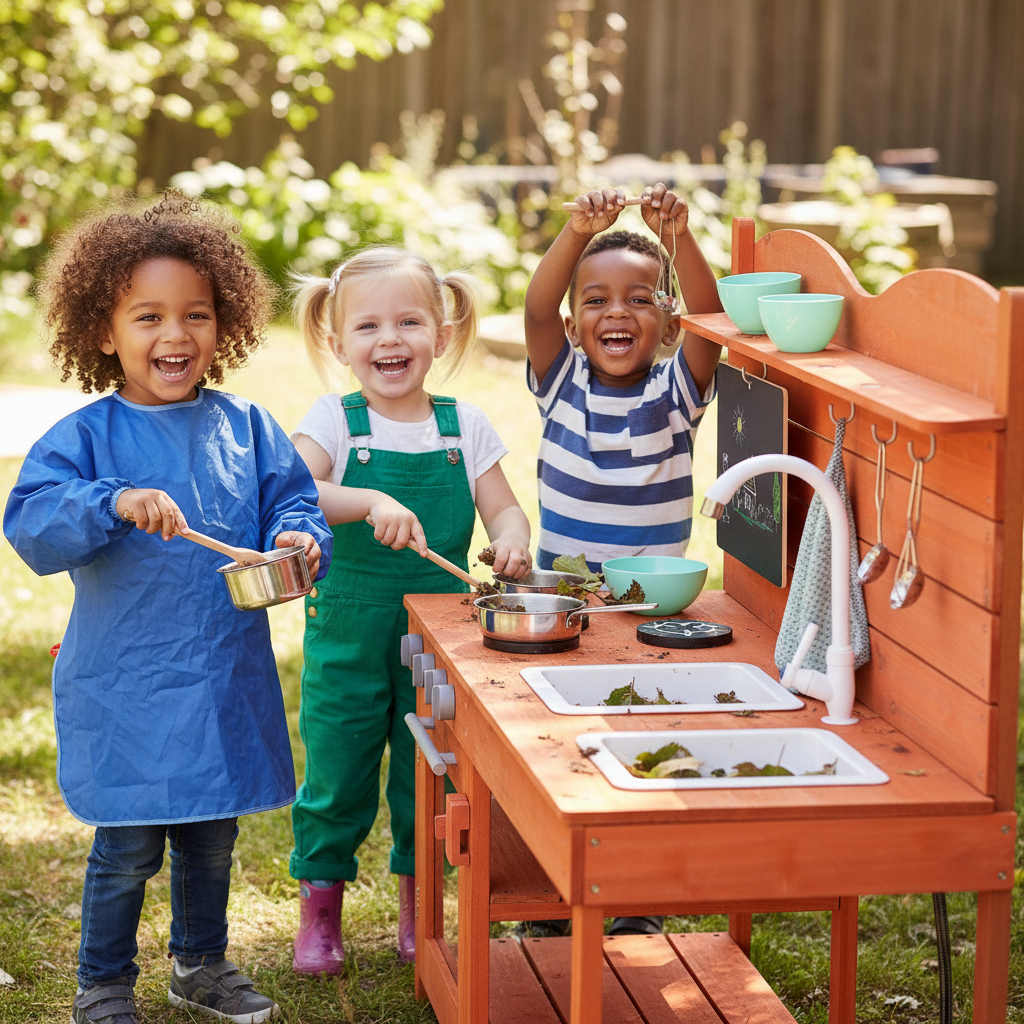 Children playing with a wooden play kitchen set outdoors.