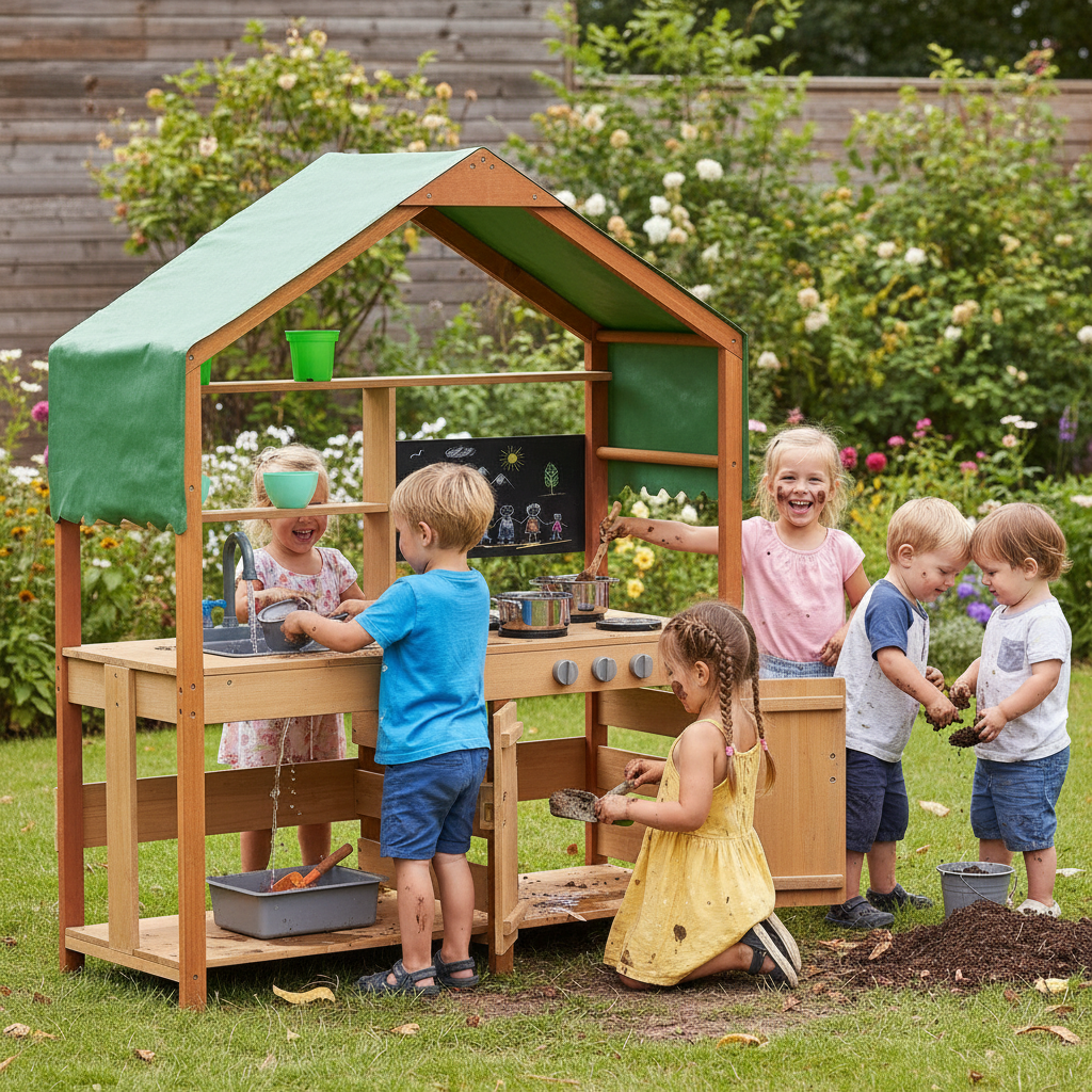 Children playing with a wooden play kitchen set outdoors in a garden.