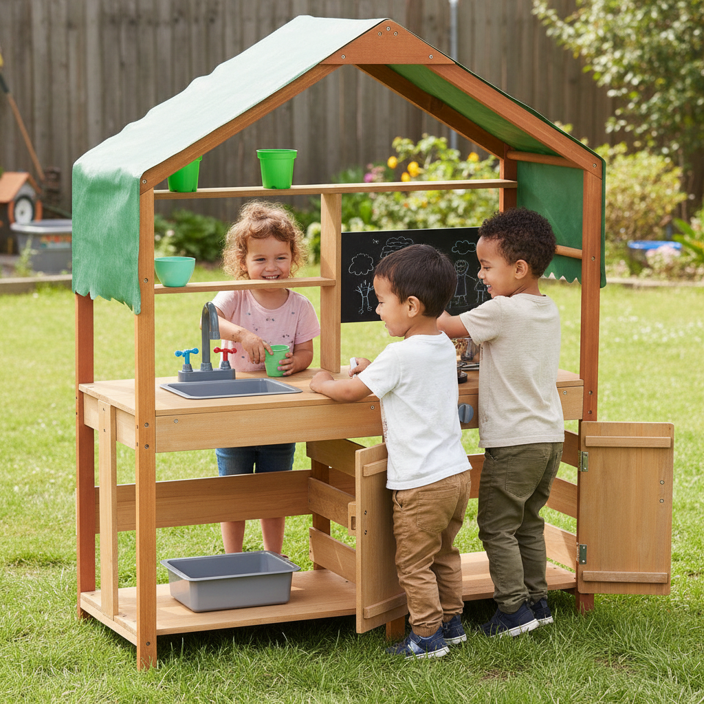 Children playing in a wooden playhouse with a sink and chalkboard in a backyard.