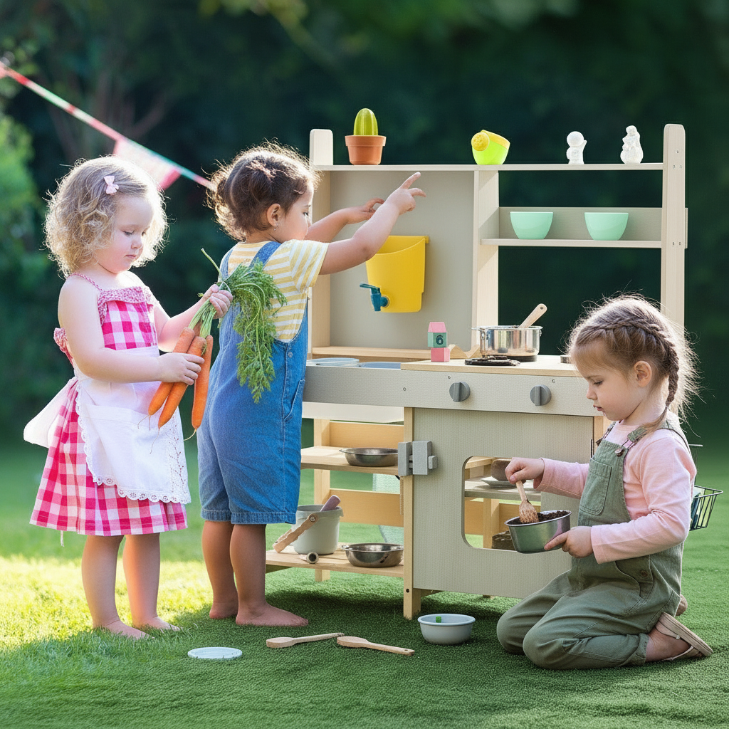 Children playing with a wooden play kitchen set outdoors.
