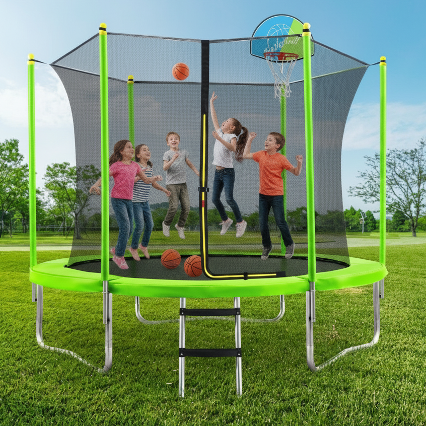 Children playing on a green trampoline with a basketball hoop in an outdoor setting.
