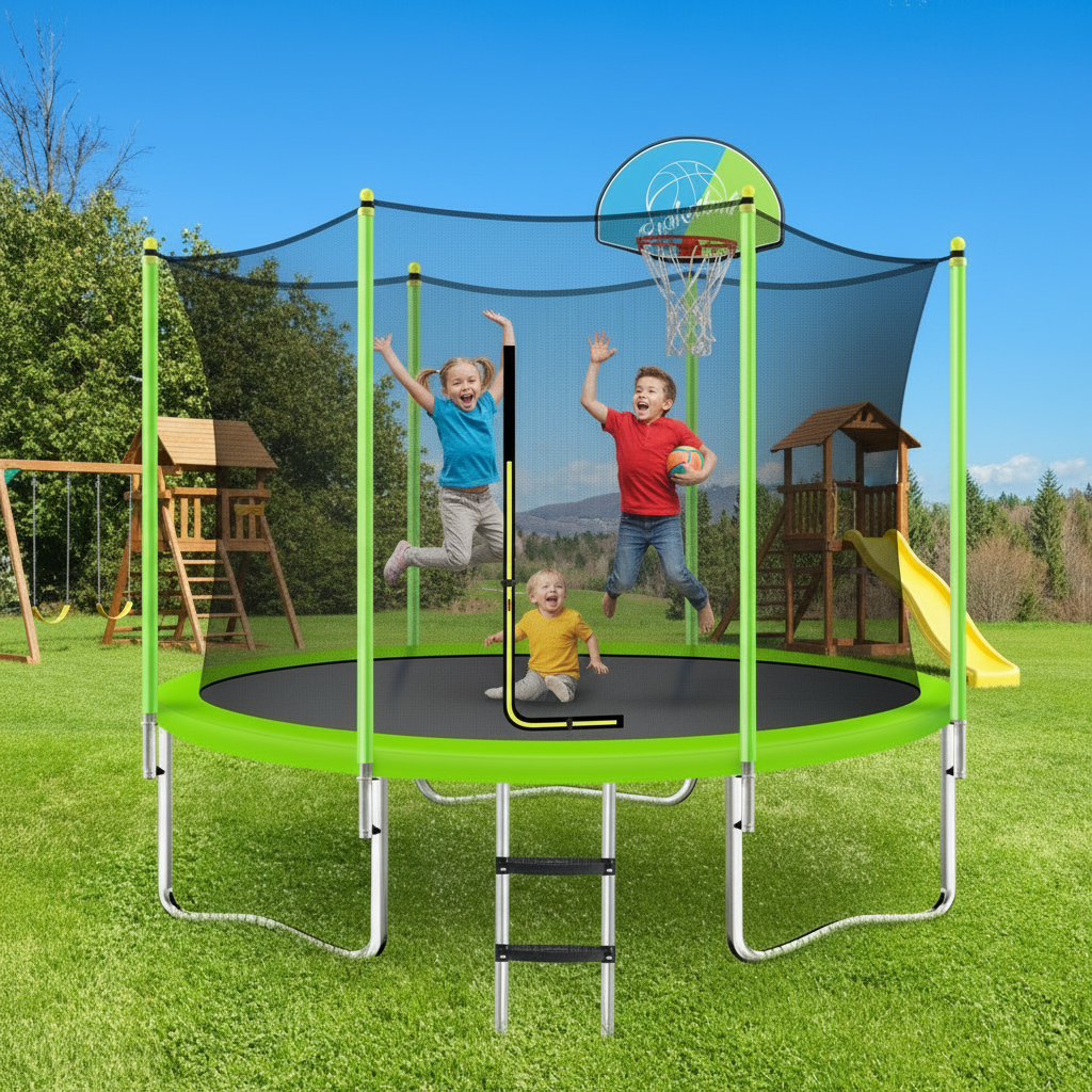 Children playing on a trampoline with a basketball hoop and playground equipment in the background.
