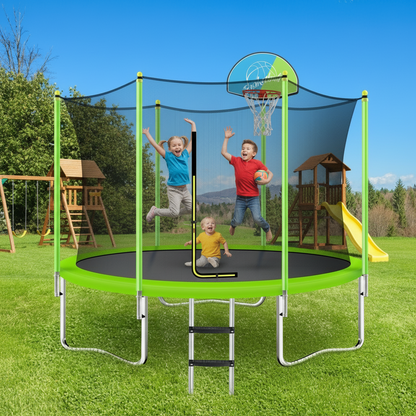Children playing on a trampoline with a basketball hoop and playground equipment in the background.