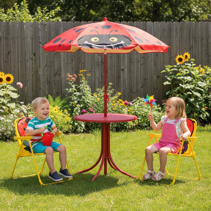 Two children playing under a red ladybug umbrella in a garden.