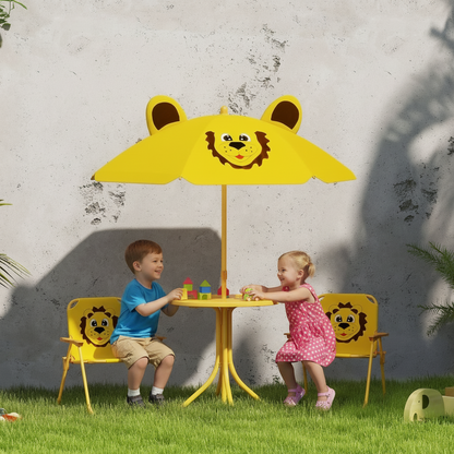 Two children playing under a yellow lion-themed umbrella and chairs on a grassy area.