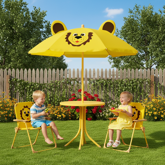 Two children sitting at a yellow table with lion chair backs in a garden setting.