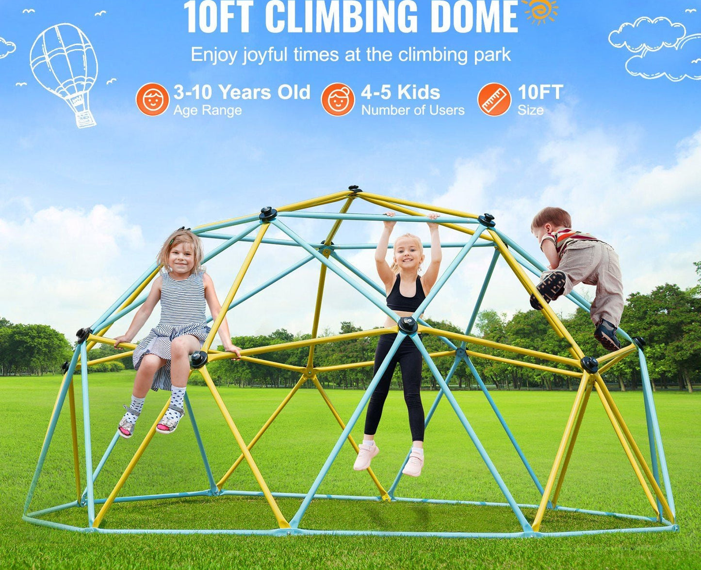SkyReach™ Kids outdoor climbing dome by Little Play World, colorful playset for kids' outdoor fun and active play.