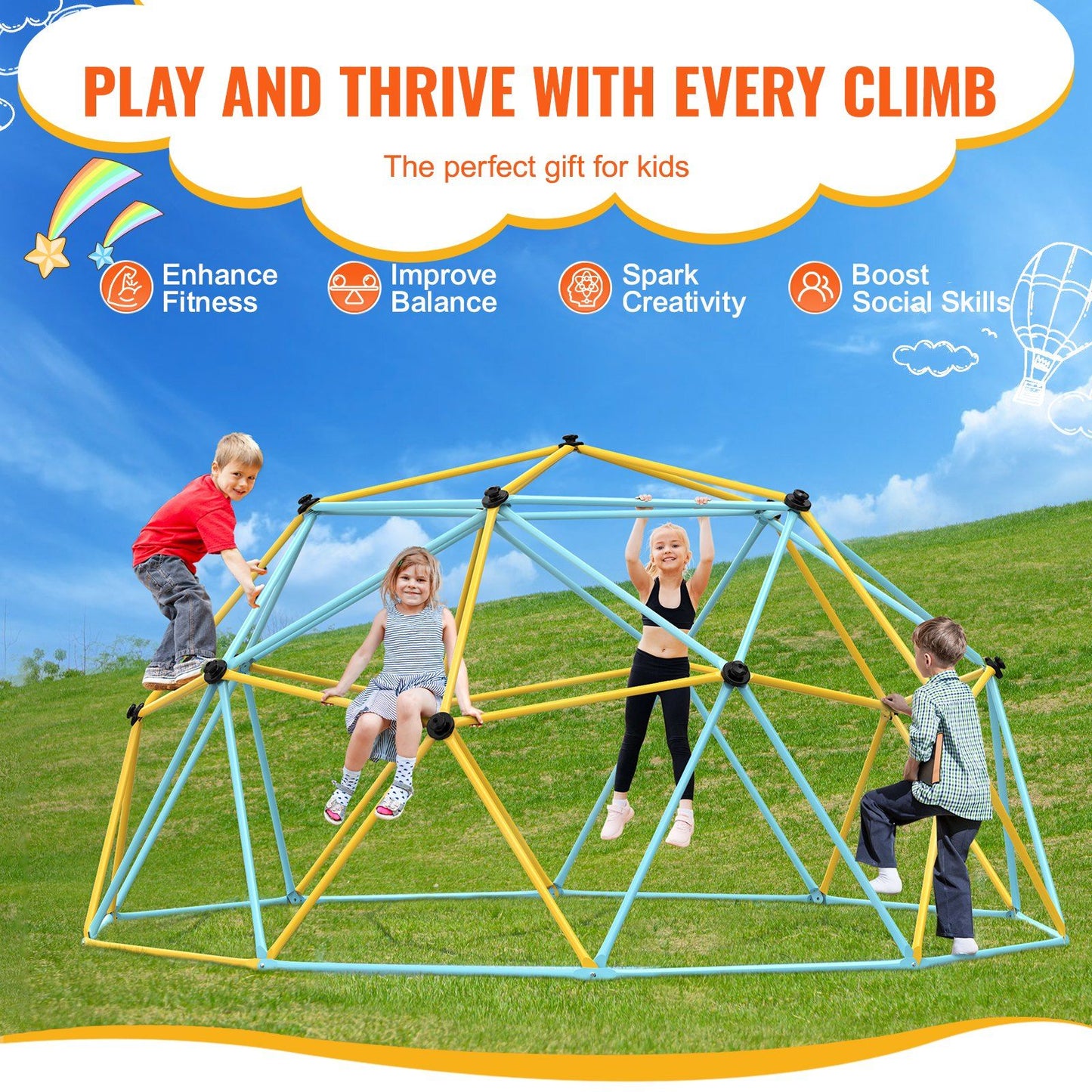 Little Play World SkyReach Kids outdoor climbing dome playset with colorful climbing bars and safety nets for outdoor fun.
