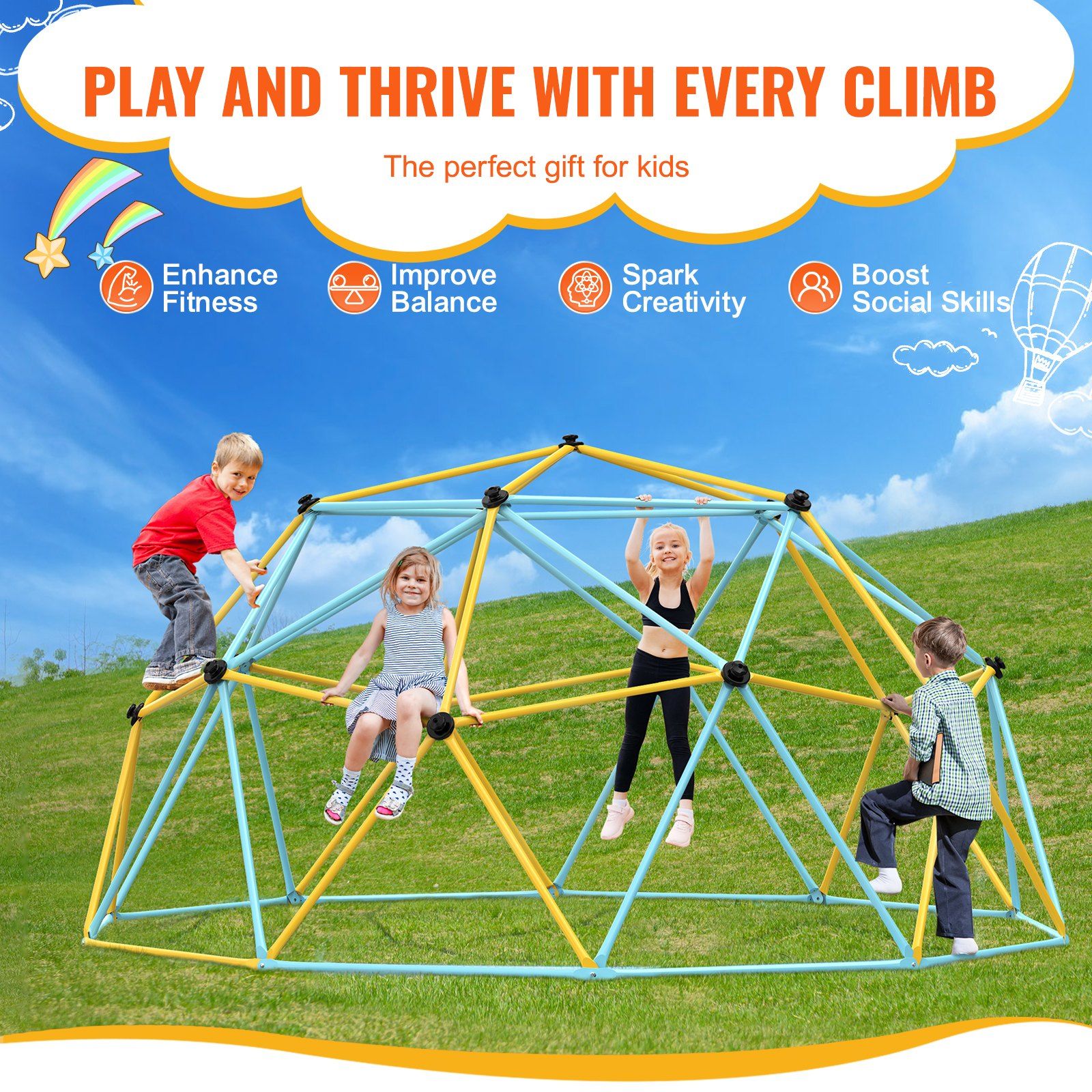 Little Play World SkyReach Kids outdoor climbing dome playset with colorful climbing bars and safety nets for outdoor fun.