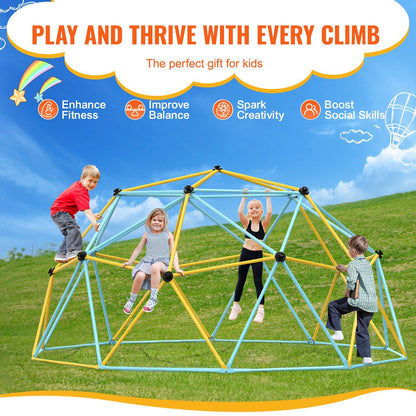 Little Play World SkyReach Kids outdoor climbing dome playset with colorful climbing bars and safety nets for outdoor fun.