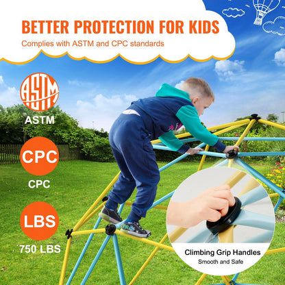 Little Play World SkyReach Kids outdoor climbing dome playset for children with colorful climbing bars and safety features.