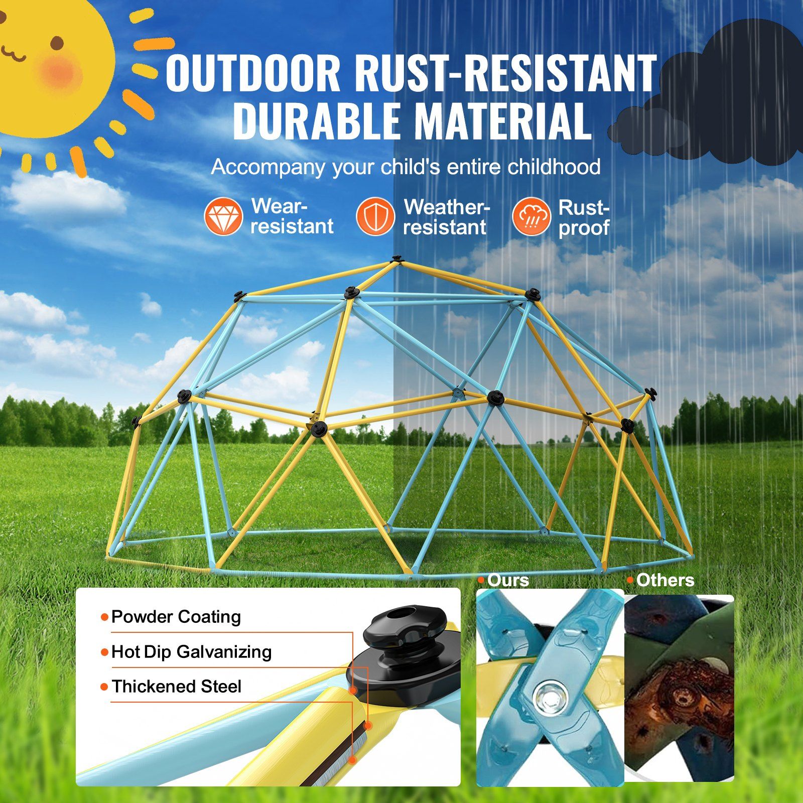 SkyReach™ Kids outdoor climbing dome by Little Play World, colorful plastic playset for children's outdoor climbing and play.