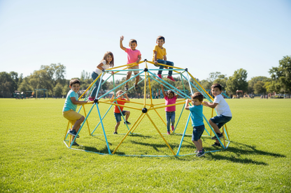 Little Play World SkyReach kids outdoor climbing dome playset with colorful climbing bars and safety net for outdoor play.