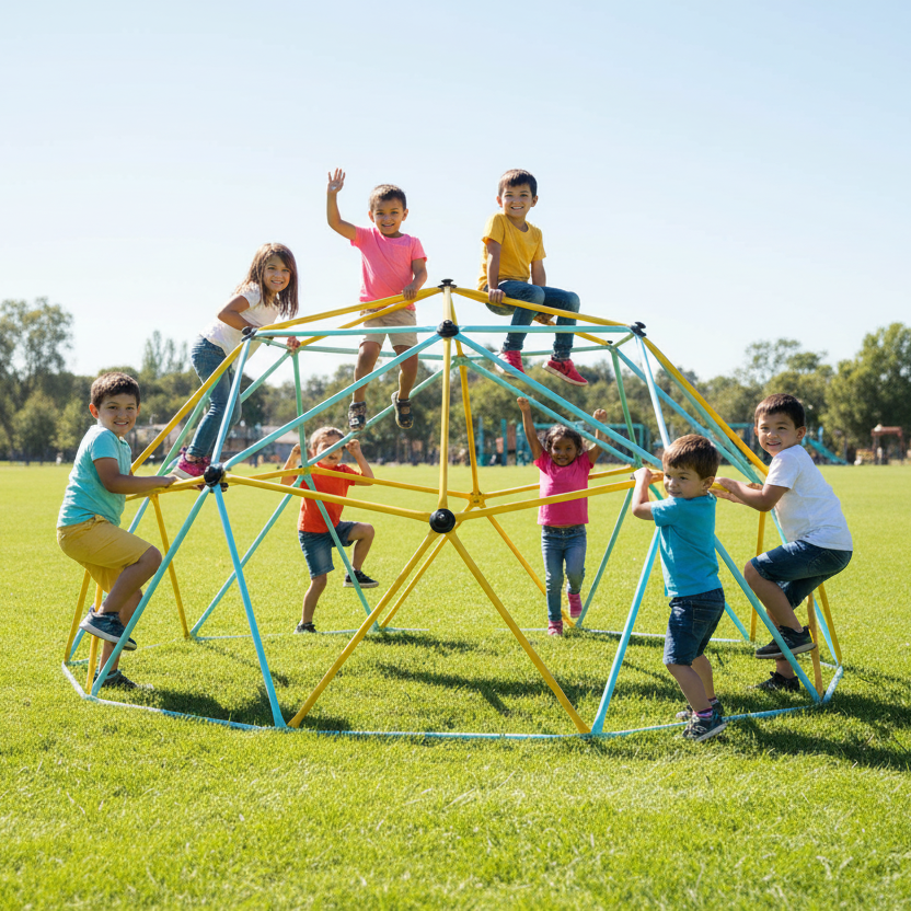 SkyReach™ Kids outdoor climbing dome playset by Little Play World with colorful climbing bars and safety net for outdoor play.