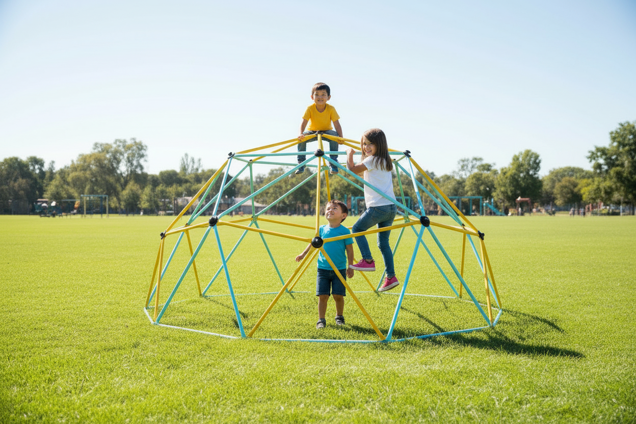 Little Play World SkyReach Kids Outdoor Climbing Dome playset with colorful climbing bars and safety features for children.