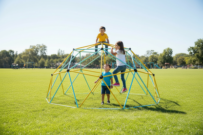 Little Play World SkyReach Kids Outdoor Climbing Dome playset with colorful climbing bars and safety features for children.