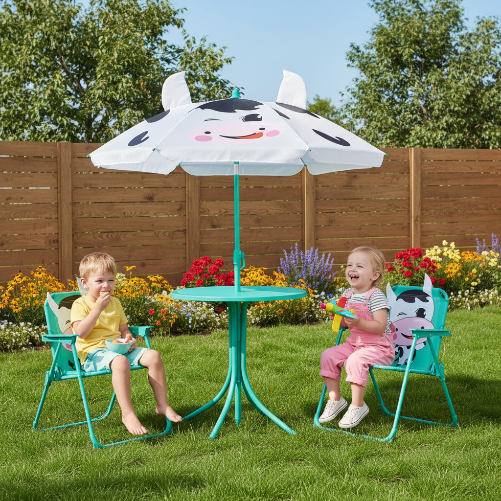 Two children sitting under a cow-themed umbrella and table set in a garden.