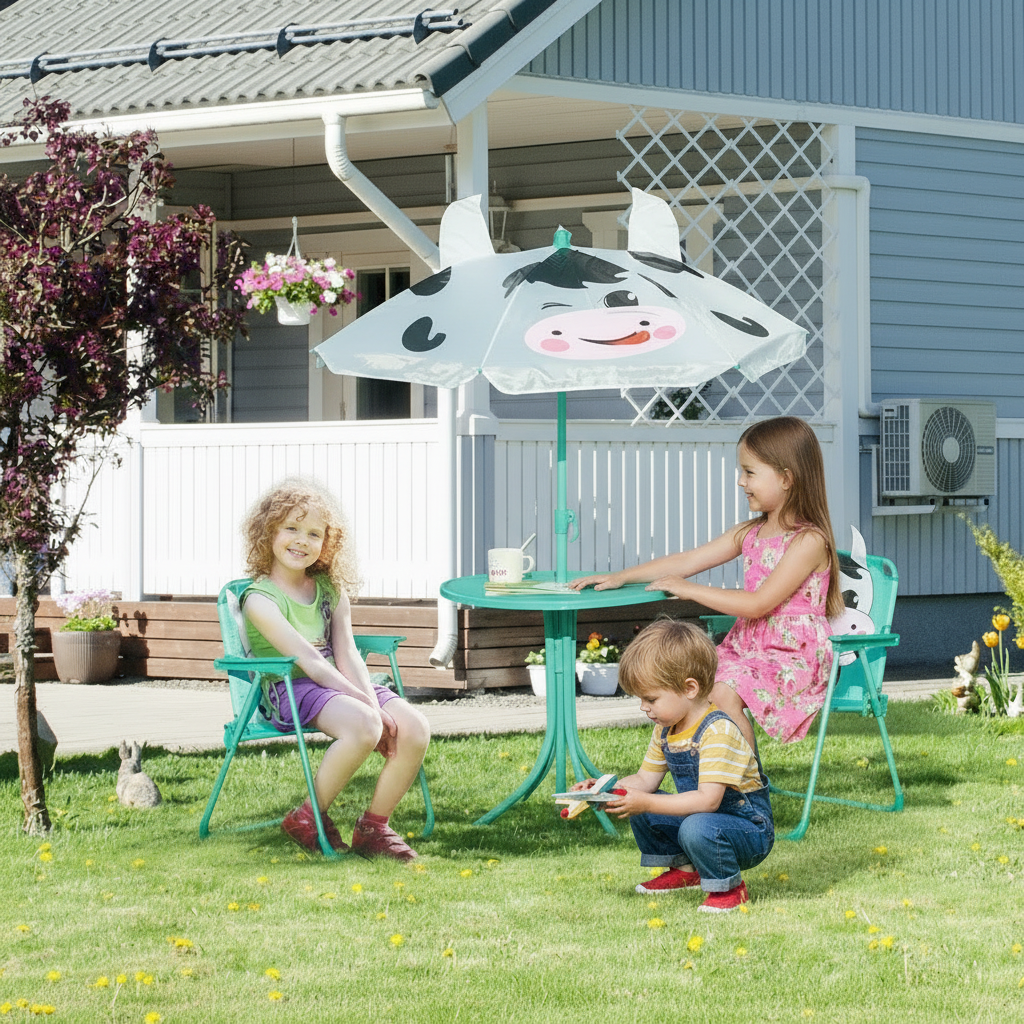 Children playing under a cow-themed umbrella on a grassy lawn.
