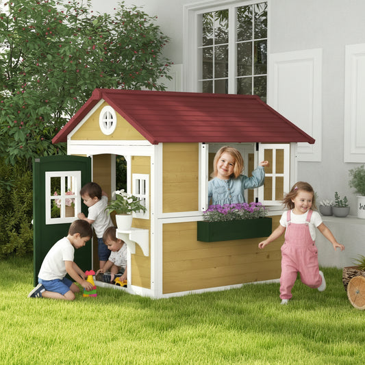 Little Play World TimberHaven Deluxe outdoor wooden playhouse for kids, featuring a colorful playset with windows and a door.