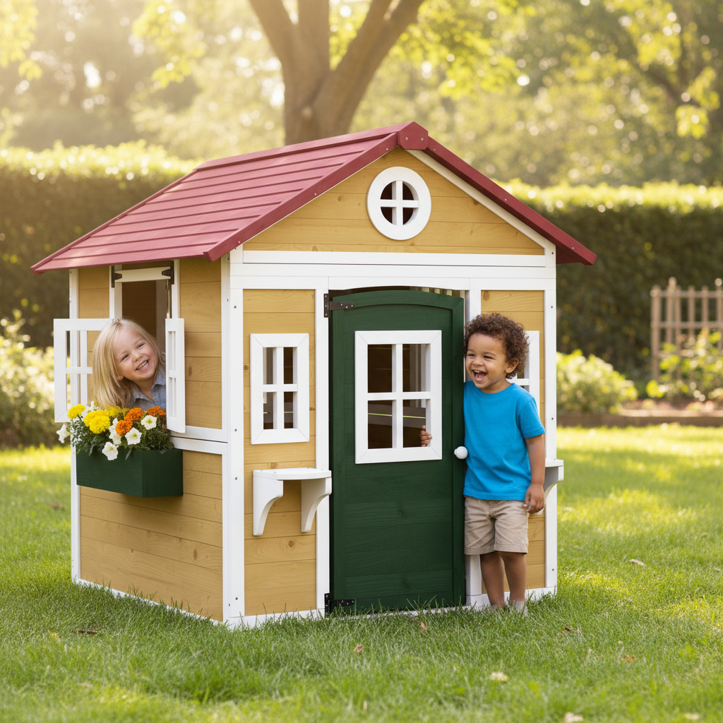 Little Play World TimberHaven Deluxe outdoor wooden playhouse for kids, featuring a colorful playset with windows and a small door.