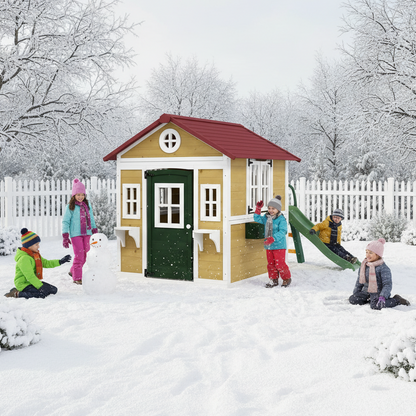 Children playing around a playhouse in the snow