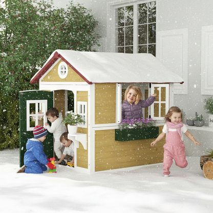 Children playing around a snow-covered playhouse in a snowy outdoor setting.