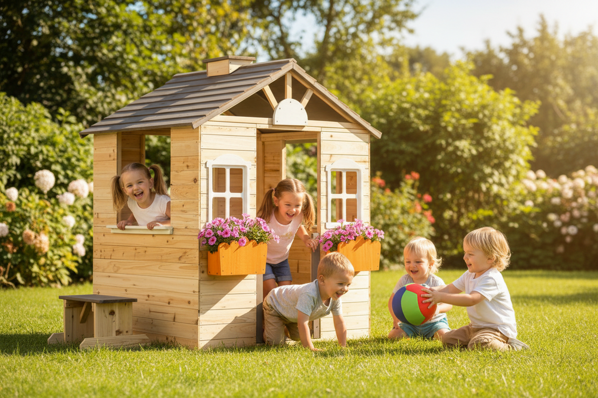 Woodland Retreat outdoor wooden playhouse by Little Play World, designed as a kids' outdoor playset with a cozy cabin style.