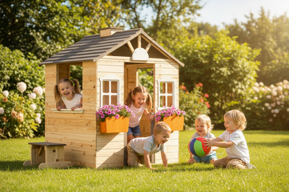 Woodland Retreat outdoor wooden playhouse by Little Play World, designed as a kids' outdoor playset with a cozy cabin style.