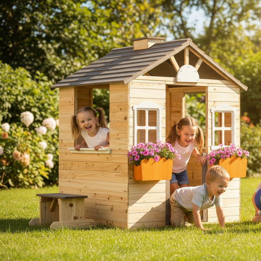 Woodland Retreat outdoor wooden playhouse by Little Play World, featuring a cozy kids' outdoor playset with windows and a small door.