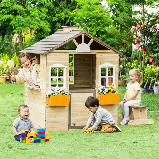Woodland Retreat™ outdoor wooden playhouse by Little Play World, featuring a charming kids' outdoor playset with a small porch and windows.