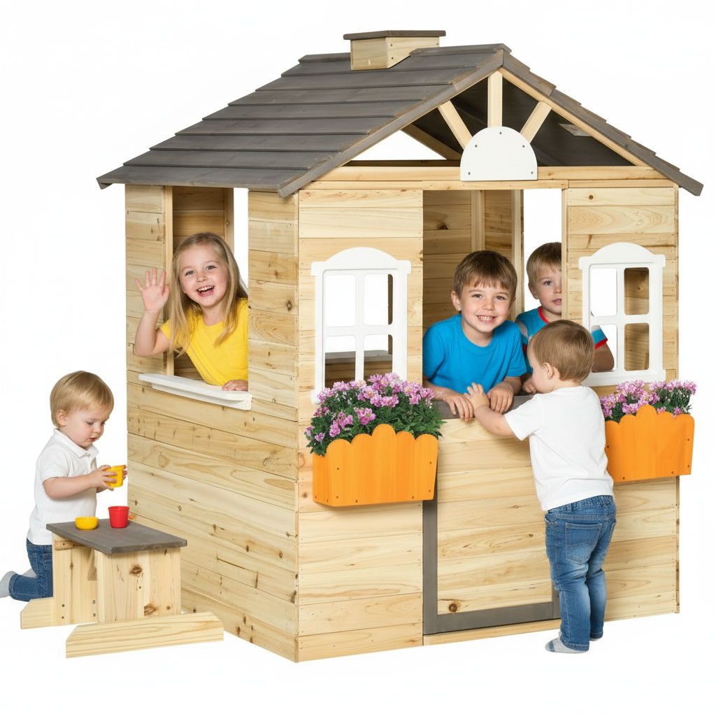 Children playing in a wooden playhouse with flower boxes and a white background