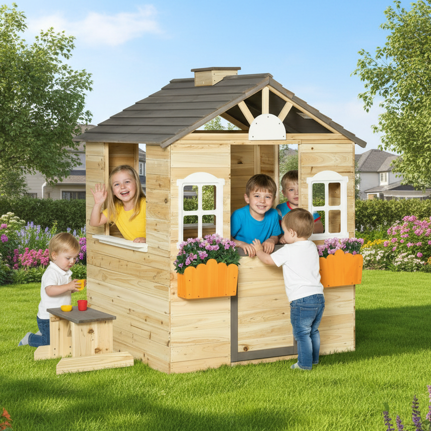 Children playing in a wooden playhouse with flowers in a garden