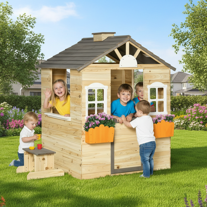 Children playing in a wooden playhouse with flowers in a garden