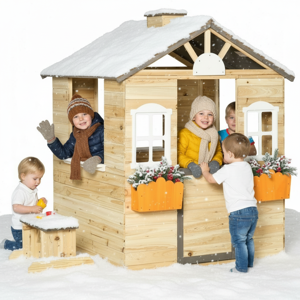 Children playing around a wooden playhouse in the snow