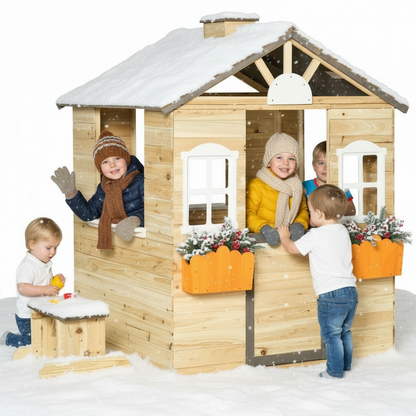 Children playing around a wooden playhouse in the snow