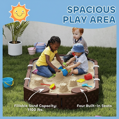 Children playing in a sand pit with toys, surrounded by grass and plants, under a blue sky.