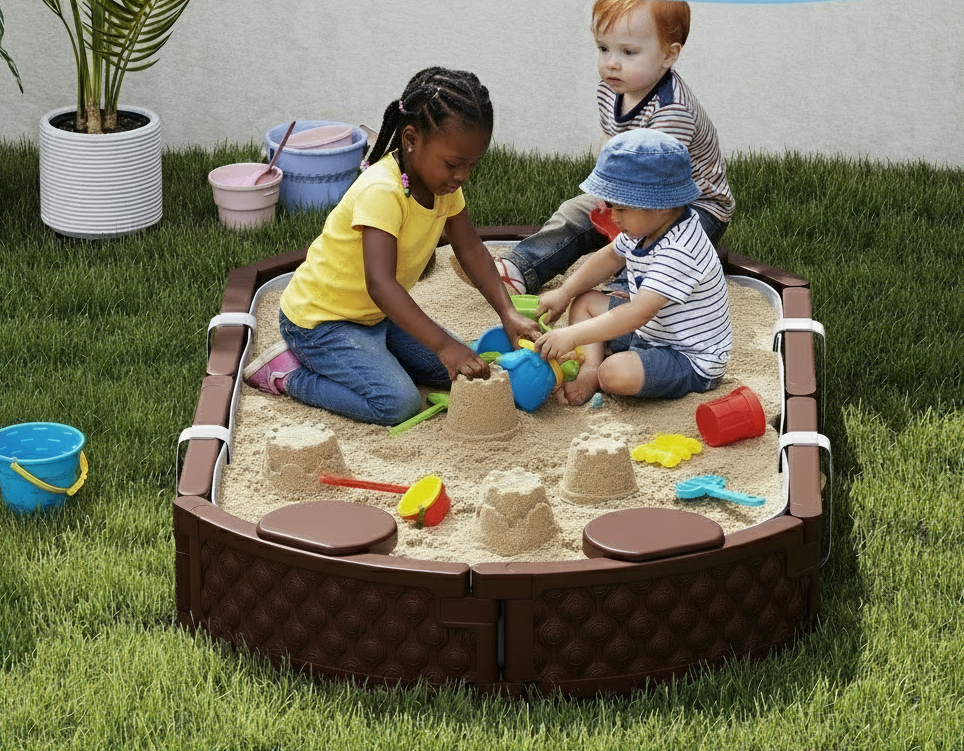 Children playing in a sandpit with toys on grass, sun icon at top left