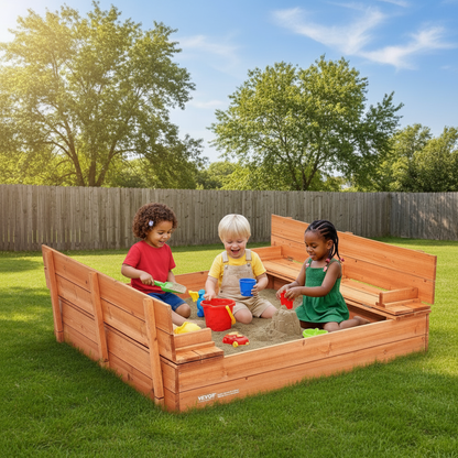 Large Natural Wooden Kids Sandbox – Foldable Bench Seats with Bottom Liner for Backyard Fun - Little Play World Store